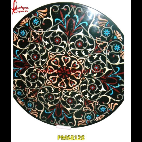 Pichakari Art Inlay Round Black Marble Table Top PM68128 stone inlay globe,stone for inlay,pietre dure,pietra dura table,pietra dura,marble medallions,marble inlay tables,marble inlay,marble floor medallions,brass inlay marble tile,white.jpg