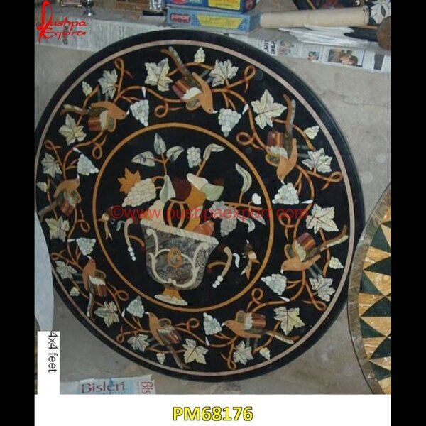 Flower Pot Design Inlay Round Black Marble Table Top PM68176 taj mahal inlay stones,stone wood inlay,stone inlay work,stone inlay table tops,stone inlay furniture,stone inlay flooring,stone inlay coffee table,stone inlay art,stone floor inla.jpg