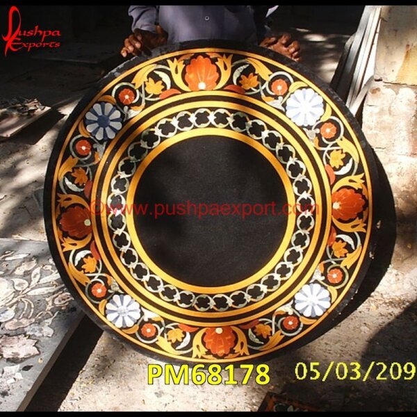 Handmade Round Black Marble Table Top With Floral Inlay PM68178 stone inlay work,stone inlay table tops,stone inlay furniture,stone inlay flooring,stone inlay coffee table,stone inlay art,stone floor inlays,pietra dura technique,pietra dura taj.jpg