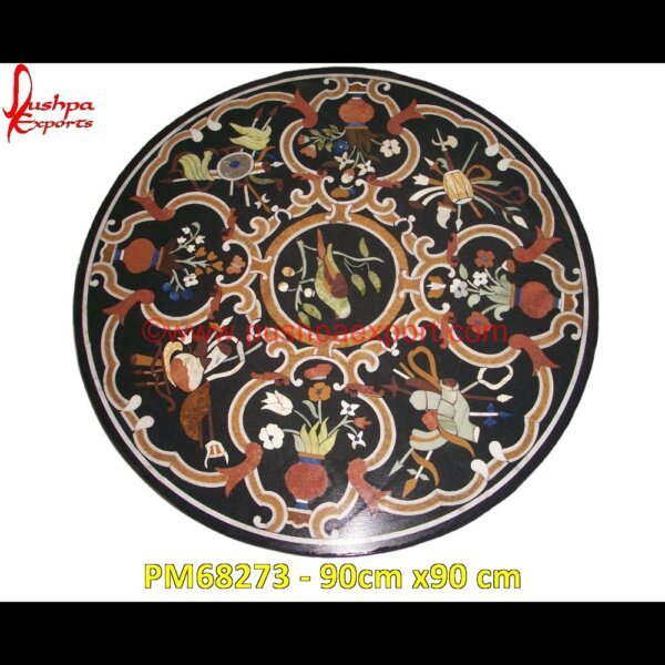 Parrot Motif Inlay Black Marble Table Top PM68273 - 90cm x90 cm marble medallions,marble inlay tables,marble inlay,marble floor medallions,brass inlay marble tile,white marble inlay table tops,travertine mosaic medallion,taj mahal inlay stones,.jpg