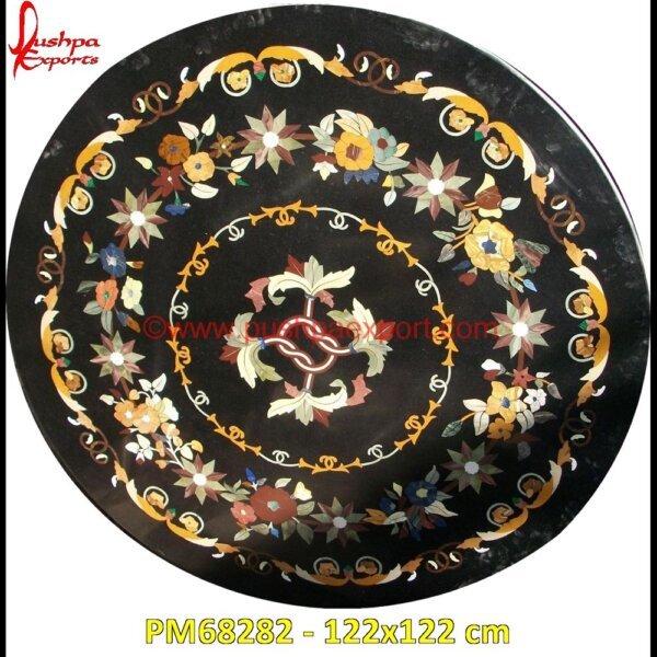 Motif Inlay Round Black Stone Table Top PM68282 - 122x122 cm stone inlay furniture,stone inlay flooring,stone inlay coffee table,stone inlay art,stone floor inlays,pietra dura technique,pietra dura taj mahal,pietra dura table top,pietra dura.jpg