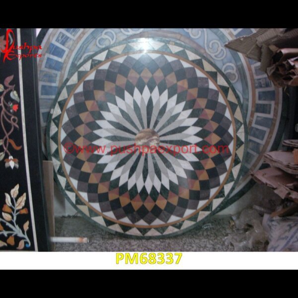 Geometrical Pattern Overlay Round Natural Marble Table Top PM68337 pietra dura,marble medallions,marble inlay tables,marble inlay,marble floor medallions,brass inlay marble tile,white marble inlay table tops,travertine mosaic medallion,taj mahal i.jpg