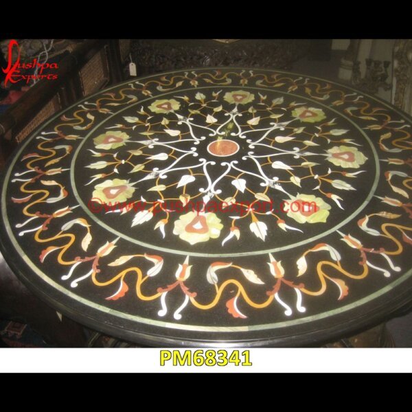 Pietra Dura Round Black Marble Stone Dining Table Top PM68341 marble floor medallions,brass inlay marble tile,white marble inlay table tops,travertine mosaic medallion,taj mahal inlay stones,stone wood inlay,stone inlay work,stone inlay table.jpg