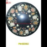 Flower Motif Inlay Round Black Marble Stone Table Top