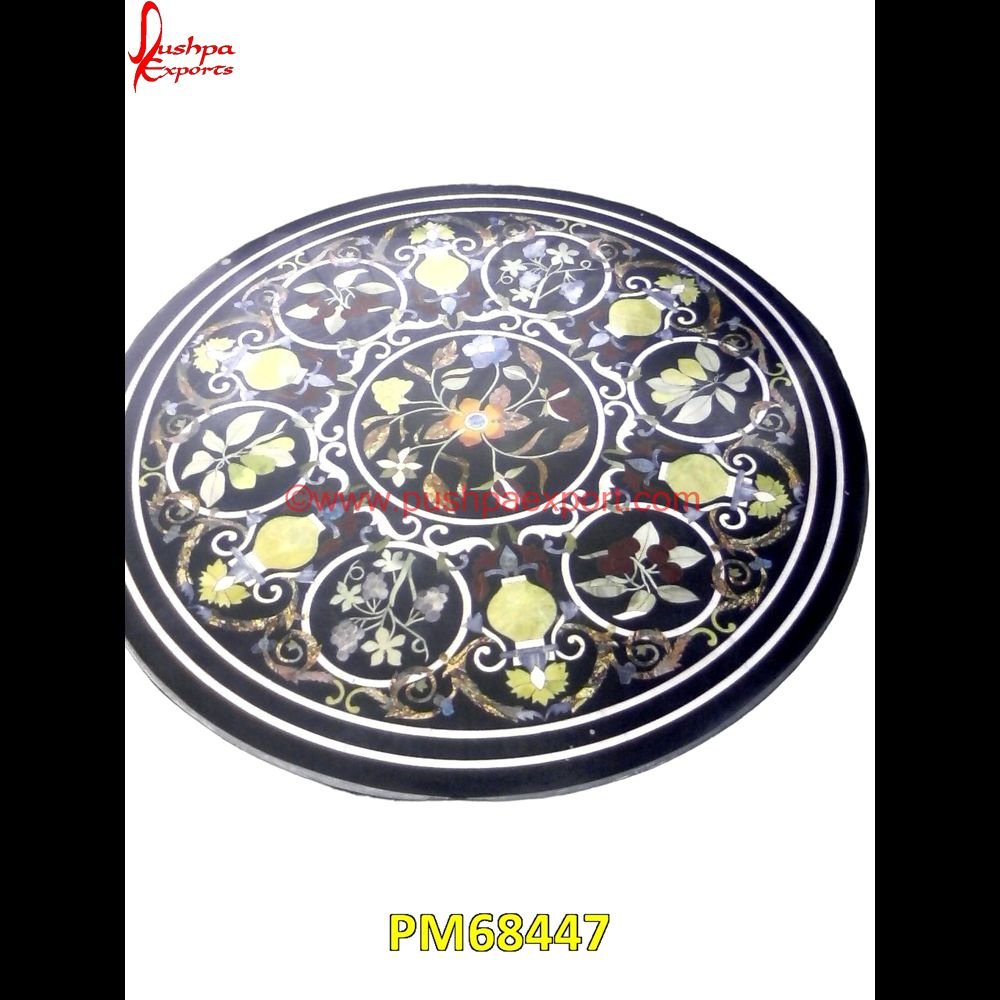 Black Marble Floral Inlaid Round Medallion PM68447 white marble inlay table tops,travertine mosaic medallion,taj mahal inlay stones,stone wood inlay,stone inlay work,stone inlay table tops,stone inlay furniture,stone inlay flooring.jpg