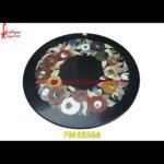 Round Black Marble Table Top With Inlaid Of Floral Art