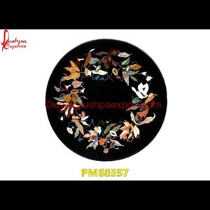 Flower Design Pietre Dure Black Marble Round Table Top