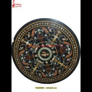 Flower Pot Motif Inlay Round Black Marble Stone Table Top