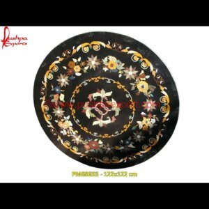 Motif Inlay Natural Black Marble Round Coffee Table Top