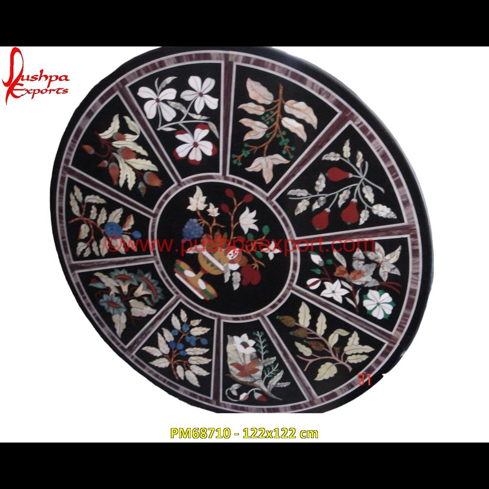 Black Marble Stone Round Table Top With Handicraft Inlay PM68710 - 122x122 cm pietra dura for sale,pietra dura dining table,pietra dura cabinet,pietra dura box,pietra dura art,mughal pietra dura,mosaic marble medallions,metal inlay in stone,medallion marble.jpg
