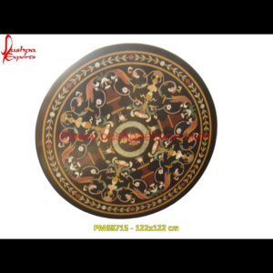 Round Motif Pietra Dura Black Marble Stone Coffee Table Top