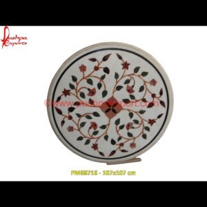 Round Motif Pietra Dura White Marble Stone Coffee Table Top