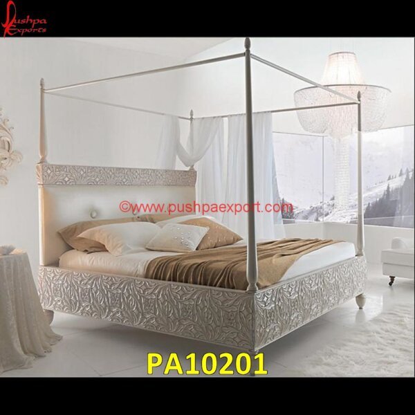 Modern Carved White Metal Canopy Bed Frame PA10201 Carved Wooden Bed Head, Classic White Metal Bed, Lotus Carved Headboard, Modern White Metal Bed Frame, Queen Size White Metal Bed, Rustic White Metal Bed Frame, Silver Wood Bed, Vintage.jpg