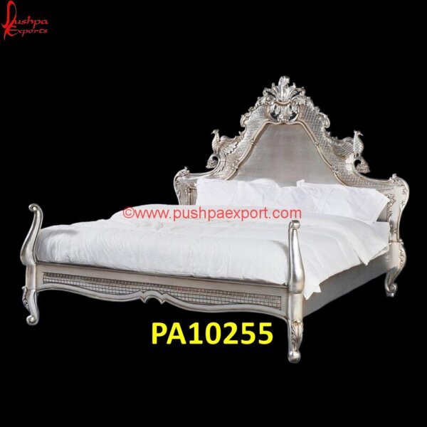 Antique White Metal Carving Bed with Peacock Headboard PA10255 Carving Bed, Full Size White Metal Bed, Hand Carved Bed, Hand Carved Wooden Beds, King Size Carved Headboard, Silver Canopy Bed, Vintage White Metal Bed Frame, White Metal Bed, White.jpg