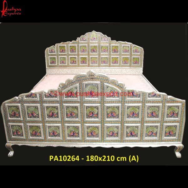 Traditional Silver Meenakari on Wooden Bed PA10264 (A) Antique White Metal Bed, Queen Size White Metal Bed, Carved Antique Bed, Carved Bedroom Furniture, Carved Wooden Bed Head, Classic White Metal Bed, Lotus Carved Headboard, Modern White.jpg