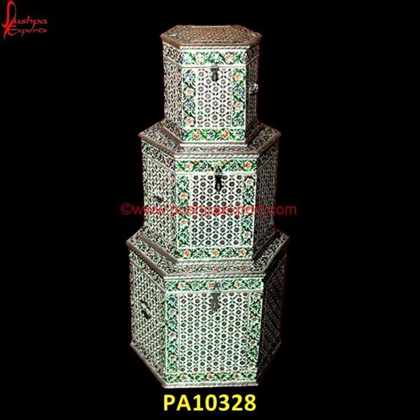 White Metal Meenakari Hexagonal Box PA10328 White Metal Ring Box, White Metal Trinket Box, Metal Decorative Boxes, White Metal Box, White Metal Chest, White Metal Dry Fruit Box, White Metal Gift Articles, White Metal Gift Items.jpg