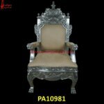 White Metal Singhasan Chair with Lion Head Armrest