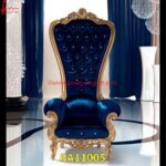 Brass Royal Blue Tufted High Back Carved Chair