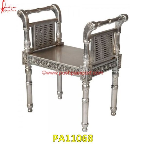 Carved German Silver Stool Bench PA11068 White Metal Handicrafts, White Metal Pooja Chowki, White Metal Step Stool, White Metal Stool For Pooja, White Metal Stool With Wood Seat, White Metal Stool With Wood Top, White Metal.jpg