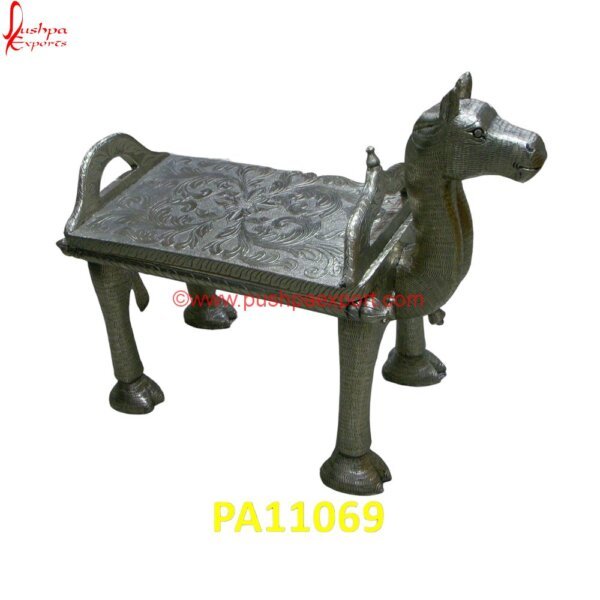 Carved White Metal Horse Stool PA11069 White Metal Pooja Chowki, White Metal Step Stool, White Metal Stool For Pooja, White Metal Stool With Wood Seat, White Metal Stool With Wood Top, White Metal Temple, White Metal Vanity.jpg