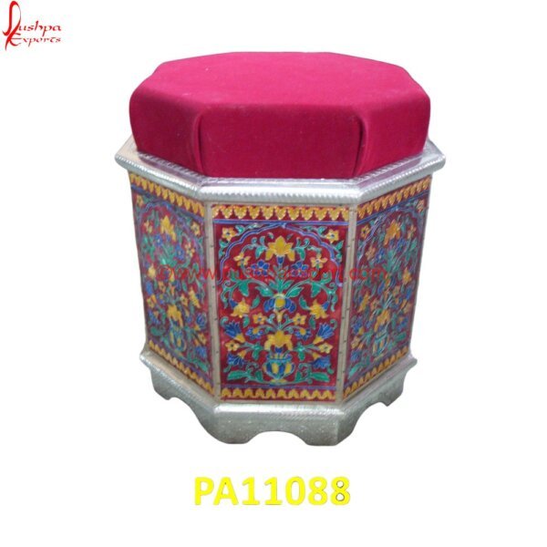 Multipurpose Silver Accent Stool with Cushion PA11088 Silver Chaurang, Silver Chowki, Silver Coated Chowki, Silver Coated Pooja Stool, Silver Coating Stool, Silver Decorative Stool, Silver Dressing Stool, Silver Metal Stool, Silver Ottoman.jpg