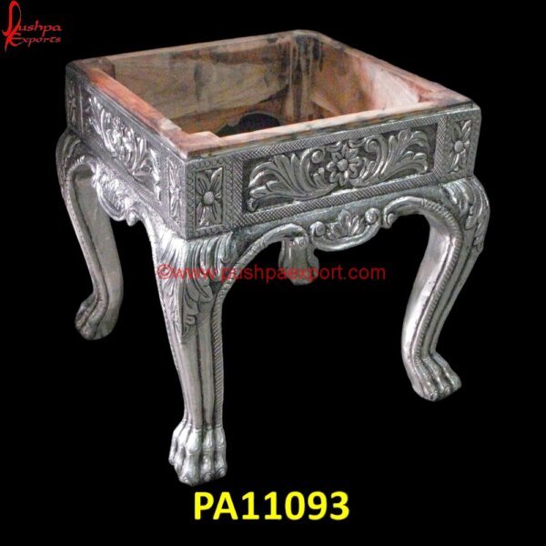 Carved Silver Coated Wooden Stool PA11093 Silver Decorative Stool, Silver Dressing Stool, Silver Metal Stool, Silver Ottoman Stool, Silver Plated Pooja Chowki, Silver Plated Stools, Silver Pooja Chowki, Silver Pooja Stool, Silver.jpg