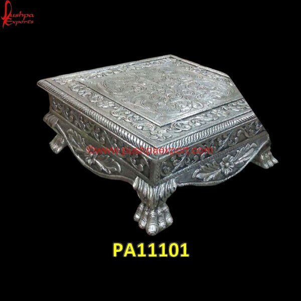 Traditional Floral Carved Silver Chowki PA11101 Silver Stool Chair, Silver Stool For Pooja, White Marble Chowki, White Metal Chowki, White Metal Handicrafts, White Metal Pooja Chowki, White Metal Step Stool, White Metal Stool For Pooja.jpg