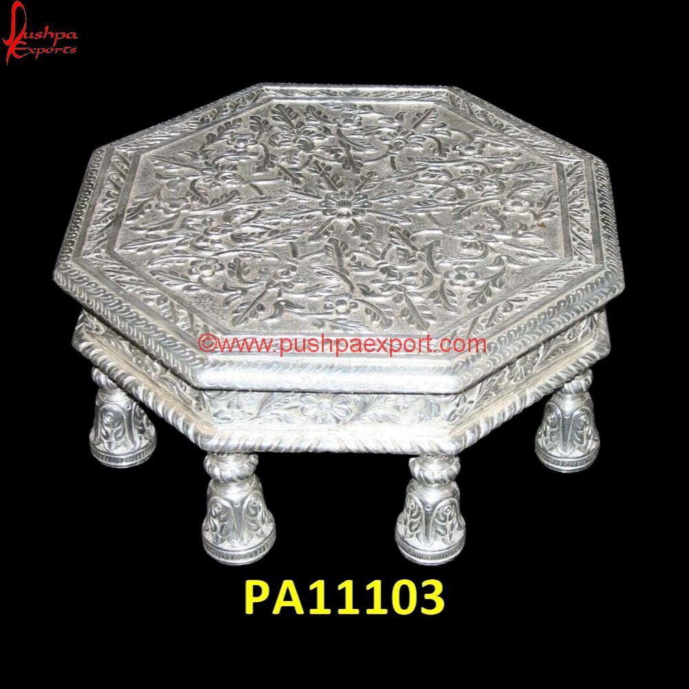 German Silver Pooja Bajot PA11103 White Marble Chowki, White Metal Chowki, White Metal Handicrafts, White Metal Pooja Chowki, White Metal Step Stool, White Metal Stool For Pooja, White Metal Stool With Wood Seat, White.jpg