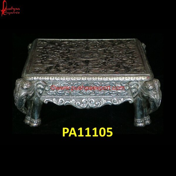 Elephant Legs White Metal Stool PA11105 White Metal Handicrafts, White Metal Pooja Chowki, White Metal Step Stool, White Metal Stool For Pooja, White Metal Stool With Wood Seat, White Metal Stool With Wood Top, White Metal.jpg