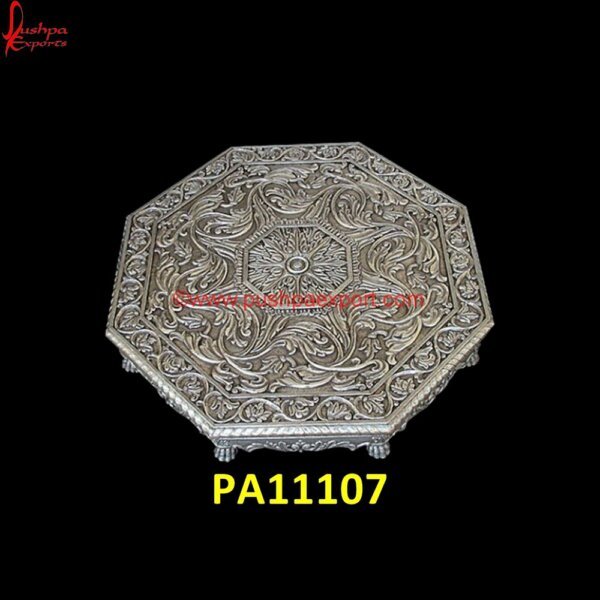 Wooden Floral Carved Silver Chowki PA11107 White Metal Step Stool, White Metal Stool For Pooja, White Metal Stool With Wood Seat, White Metal Stool With Wood Top, White Metal Temple, White Metal Vanity Stool, Modern White Metal.jpg