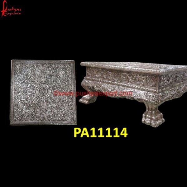 Wedding White Metal Stool with Floral Carved PA11114 White Metal Chowkis, White Metal Low Seating, Silver Vanity Stool, White Metal Stools, German Silver Pooja Chowki, German Silver Pooja Stool, German Silver Stool, Pooja Chowki Silver.jpg