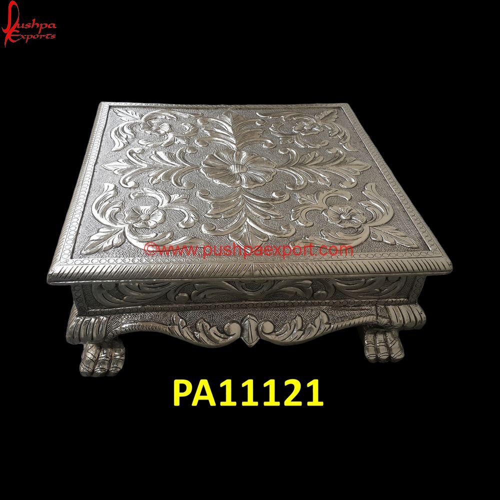 Hand Carved Silver Coated Stool PA11121 Pooja Chowki Silver, Pure Silver Chowki, Silver Accent Stool, Silver Bedroom Stool, Silver Chaurang, Silver Chowki, Silver Coated Chowki, Silver Coated Pooja Stool, Silver Coating Stool.jpg