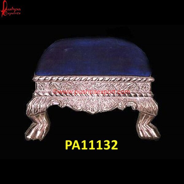 Luxury White Metal Designer Stool with Cushion PA11132 Silver Metal Stool, Silver Ottoman Stool, Silver Plated Pooja Chowki, Silver Plated Stools, Silver Pooja Chowki, Silver Pooja Stool, Silver Stool Chair, Silver Stool For Pooja, White.jpg