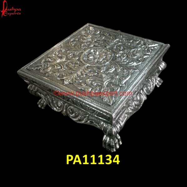 Floral Carved Silver Stool For Pooja PA11134 Silver Plated Pooja Chowki, Silver Plated Stools, Silver Pooja Chowki, Silver Pooja Stool, Silver Stool Chair, Silver Stool For Pooja, White Marble Chowki, White Metal Chowki, White.jpg