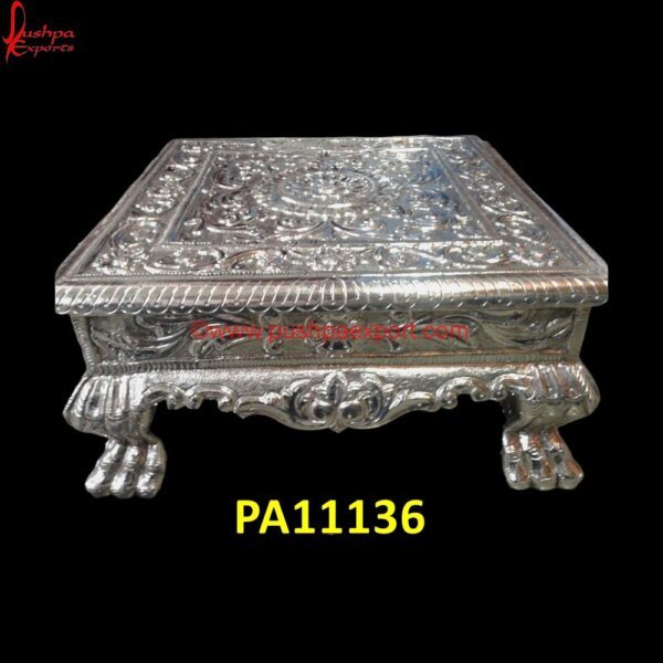 Silver Coated Pooja Stool PA11136 Silver Pooja Chowki, Silver Pooja Stool, Silver Stool Chair, Silver Stool For Pooja, White Marble Chowki, White Metal Chowki, White Metal Handicrafts, White Metal Pooja Chowki, White.jpg