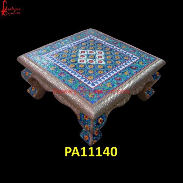 Silver Pooja Chowki with Meenakari for Marriage Rituals PA11140 White Marble Chowki, White Metal Chowki, White Metal Handicrafts, White Metal Pooja Chowki, White Metal Step Stool, White Metal Stool For Pooja, White Metal Stool With Wood Seat, White.jpg