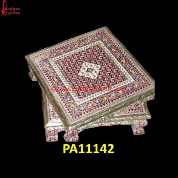 Traditional White Metal Patla PA11142 White Metal Handicrafts, White Metal Pooja Chowki, White Metal Step Stool, White Metal Stool For Pooja, White Metal Stool With Wood Seat, White Metal Stool With Wood Top, White Metal.jpg