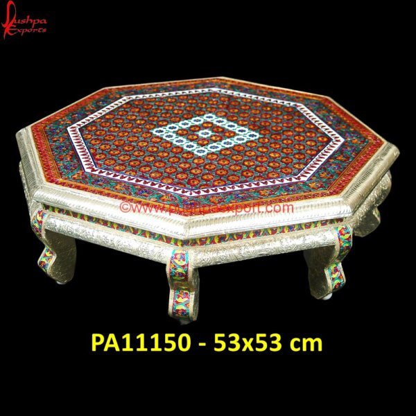 Multicolor Decorated White Metal Chowki PA11150 White Metal Chowkis, White Metal Low Seating, Silver Vanity Stool, White Metal Stools, German Silver Pooja Chowki, German Silver Pooja Stool, German Silver Stool, Pooja Chowki Silver.jpg