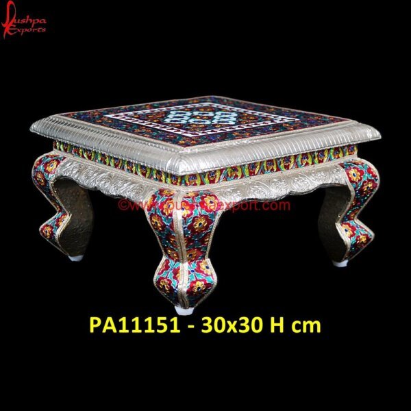 Silver Pooja Chowki with Meenakari PA11151 White Metal Low Seating, Silver Vanity Stool, White Metal Stools, German Silver Pooja Chowki, German Silver Pooja Stool, German Silver Stool, Pooja Chowki Silver, Pure Silver Chowki.jpg