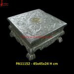 White Metal Low Seating Chowki with Floral Design