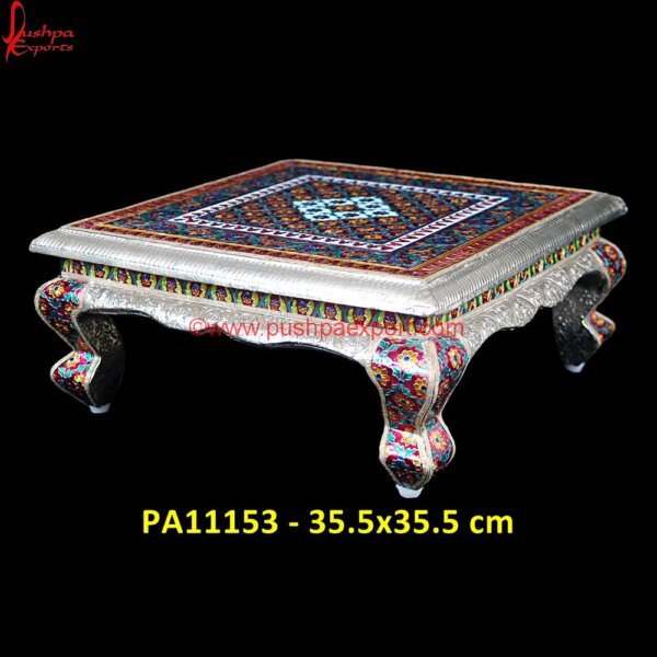 Premium Meenakari White Metal Chowki PA11153 White Metal Stools, German Silver Pooja Chowki, German Silver Pooja Stool, German Silver Stool, Pooja Chowki Silver, Pure Silver Chowki, Silver Accent Stool, Silver Bedroom Stool, Silver.jpg