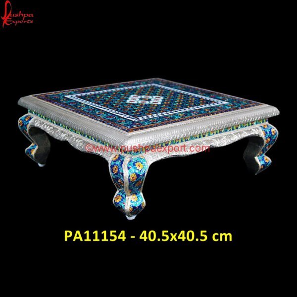 Premium Silver Pooja Chowki with Meenakari PA11154 German Silver Pooja Chowki, German Silver Pooja Stool, German Silver Stool, Pooja Chowki Silver, Pure Silver Chowki, Silver Accent Stool, Silver Bedroom Stool, Silver Chaurang, Silver.jpg