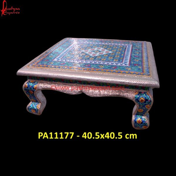 Royal White Metal Pooja Chowki with Meena Work PA11177 White Metal Stool With Wood Top, White Metal Temple, White Metal Vanity Stool, Modern White Metal Stool, White Metal Chowkis, White Metal Low Seating, Silver Vanity Stool, White Metal.jpg