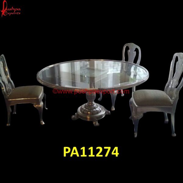 Modern Round Silver Dining Table Set PA11274 Black Silver Dining Table, Carved Round Dining Table, Carved Teak Dining Table, Carving Design Dining Table, Carving Dining Set, Dining Table With White Metal Chairs, Dining Table.jpg