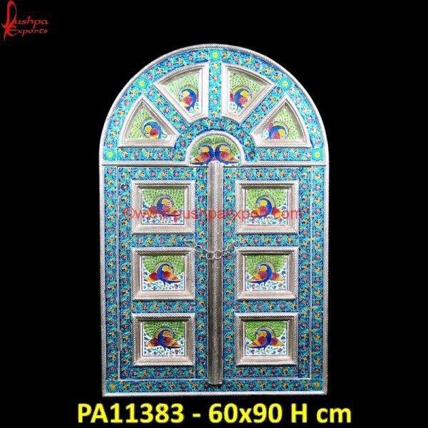 Meenakari Peacock Window PA11383 silver door furniture, silver jali door, simple door wood carving design, teak wood carving doors, white metal doors, white metal french doors, white metal front door, wood carved.jpg