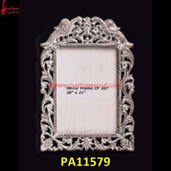 Peacock Carved Silver Frame Mirror PA11579 White Dressing Table India, White Metal Dressing Table, White Metal Frames, White Metal Furniture Udaipur, White Metal Photo Frame, Antique White Metal Console Table, White Metal Frame.jpg