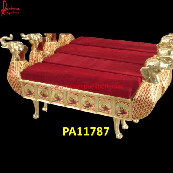 Meenakari Brass Metal Bench Elephant Head PA11787 Silver Velvet Chaise Lounge, Teak Carved Daybed, White Brass Daybed, White Metal Chaise Lounge, White Metal Day Bed With Mattress, White Metal Daybed With Floral Finials, White Metal.jpg