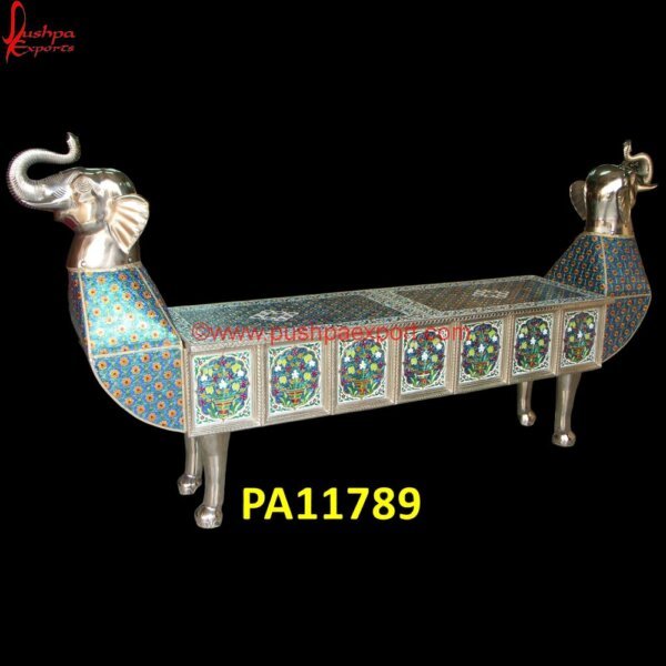Elephant Head White Metal Bench With Floral Meenakari PA11789 White Brass Daybed, White Metal Chaise Lounge, White Metal Day Bed With Mattress, White Metal Daybed With Floral Finials, White Metal Full Size Daybed, White Metal Furniture Udaipur.jpg