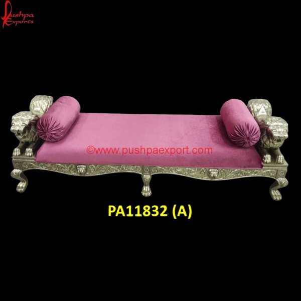 Maharaja White Metal Diwan with Lion Arms PA11832 (A) Teak Carved Daybed, White Brass Daybed, White Metal Chaise Lounge, White Metal Day Bed With Mattress, White Metal Daybed With Floral Finials, White Metal Full Size Daybed, White Metal.jpg