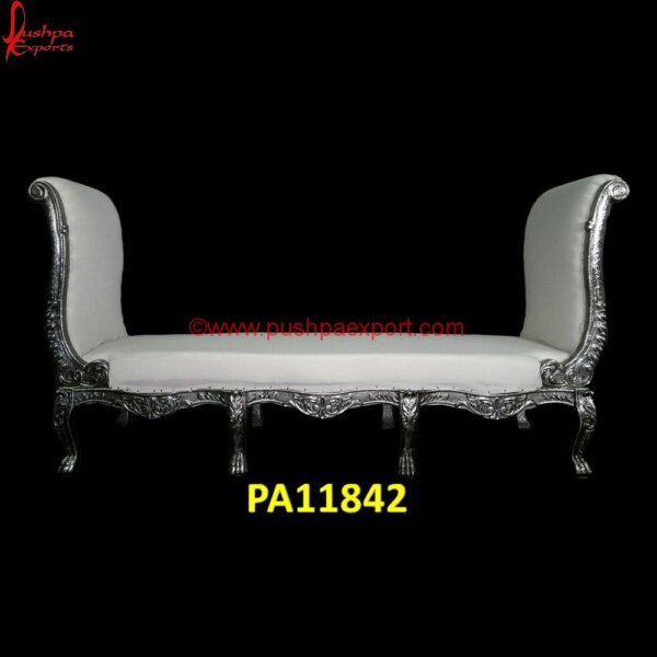 Carved Banquette Bench PA11842 Simple White Metal Daybed, Vintage White Metal Daybed, White Full Metal Daybed, White Metal Diwan, White Metal Lounger, Carved Wood Daybed, Carving Daybed, Silver Chaise Lounge, Silver.jpg